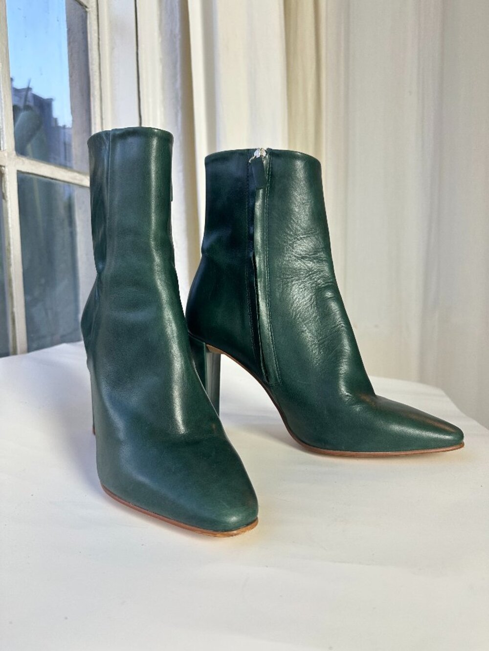 Zara Basic Collection Green Leather Ankle Boots EU 40 Block Heel